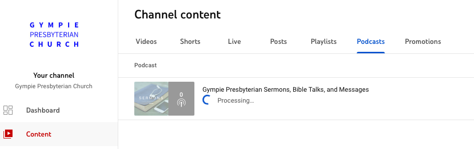 YouTube Studio Podcasts Tab